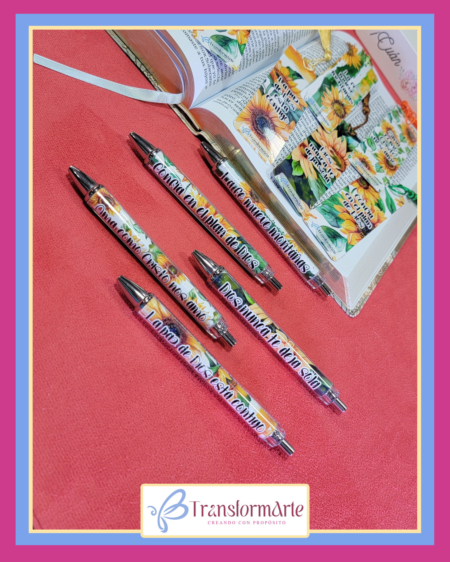 Colección Girasol “Reverdecerás” - Marcadores de Páginas y Bolígrafos