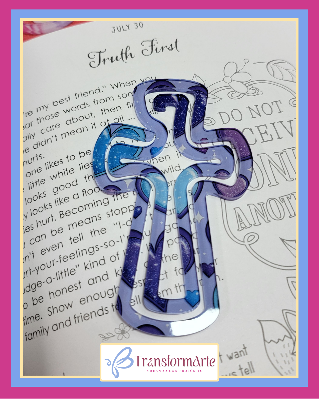 Marcador Acrílico en Forma de Cruz – Edición Corazones (Turquesa y Violeta)